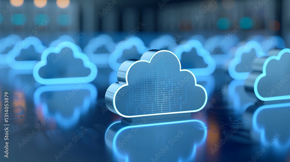 Poster modern cloud computing concept with glowing cloud icons on a digital background for technology theme