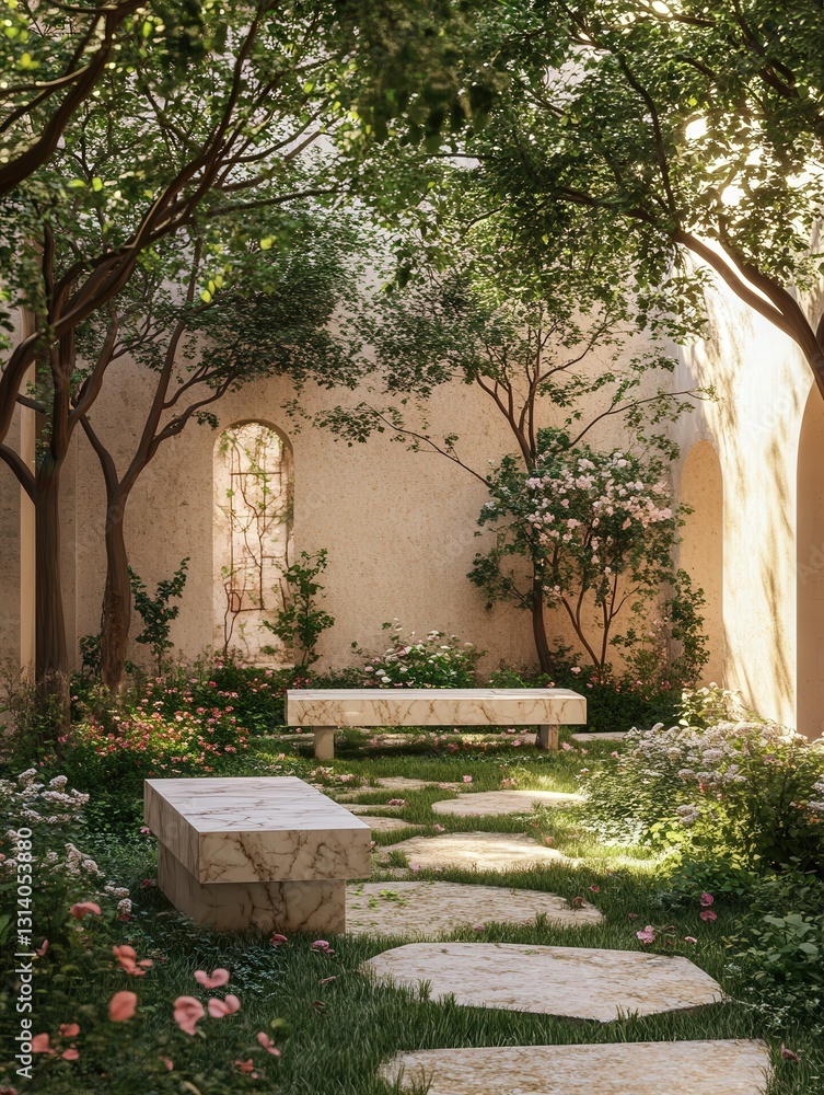 Poster whimsical courtyard featuring a marble bench nestled among an array of trees.