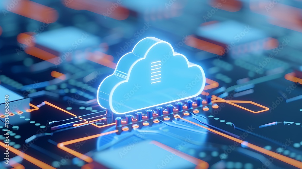 Poster modern cloud computing concept with glowing icon on circuit board background for technology and inno