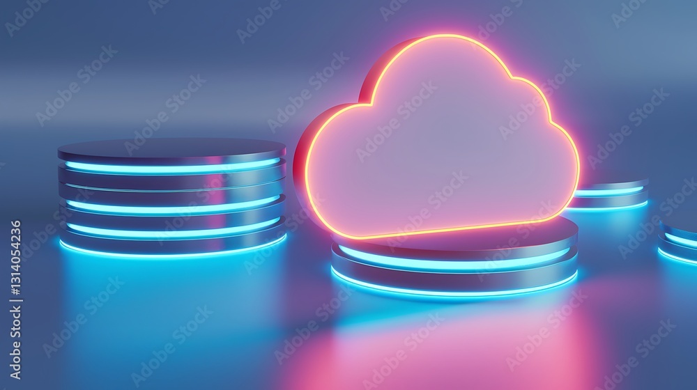 Aufkleber modern cloud computing concept with neon glow and circular platforms for digital technology themes