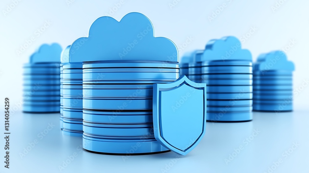Poster modern cloud computing concept with secure data protection shield and storage icons in blue color sc