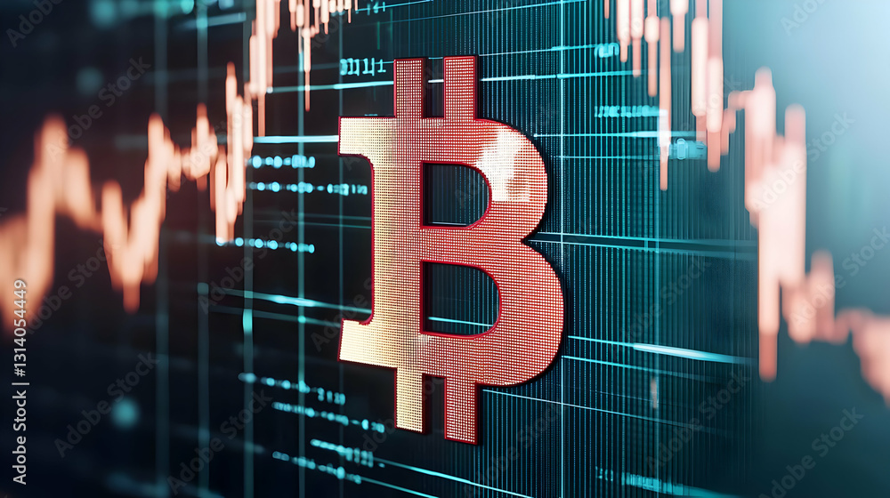 Poster bitcoin symbol on financial chart with digital graph background