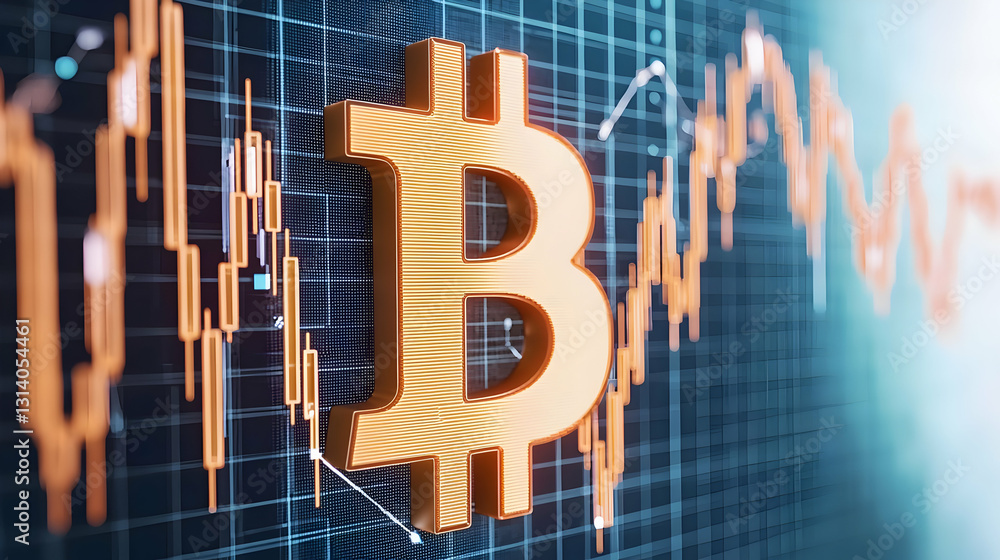 Poster bitcoin symbol against background of financial data chart