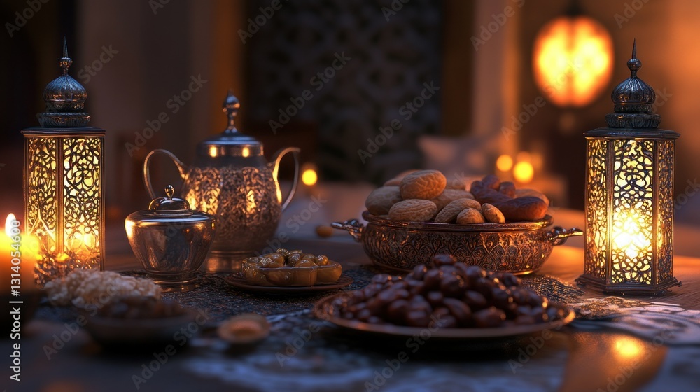 Poster a dimly lit table with lanterns and various snacks displayed