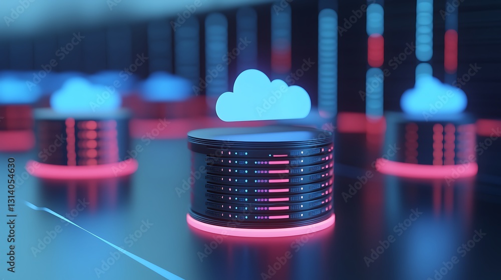Poster modern cloud computing data center technology concept with digital storage servers