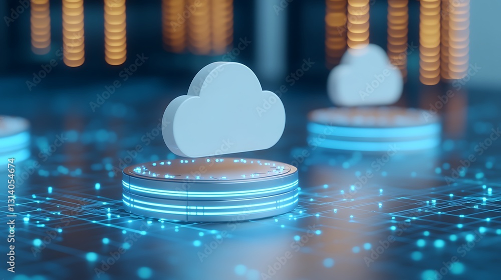 Poster modern cloud computing concepts with floating icons on digital interface background in technology sc