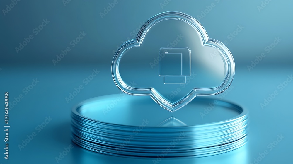 Poster modern cloud computing symbol on a reflective surface against a soft blue background