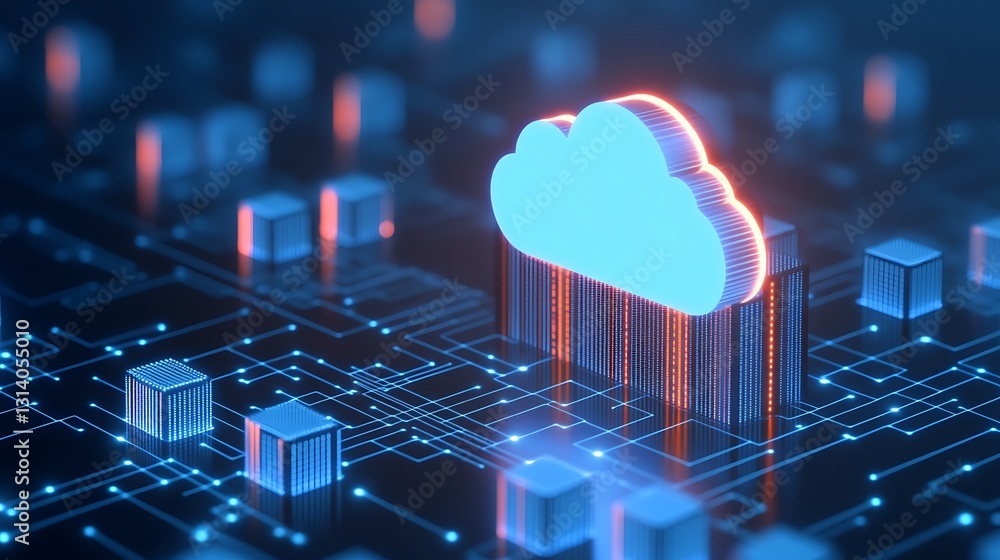 Poster modern cloud computing technology concept with digital elements and circuitry background