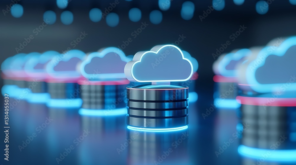 Poster modern cloud computing technology with glowing icons on metallic data servers in a digital environme
