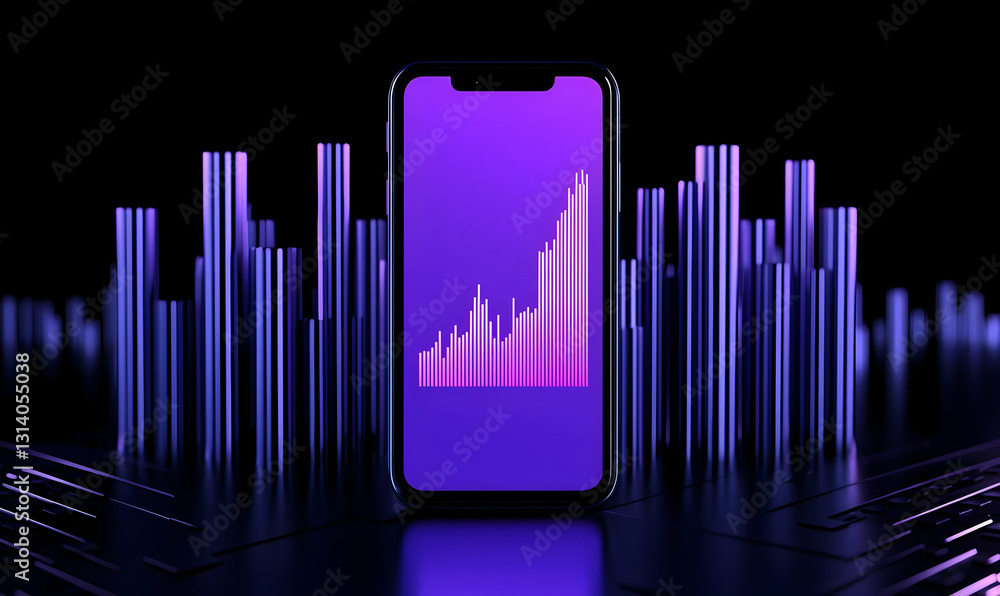 Poster modern smartphone displaying data visualization with purple background