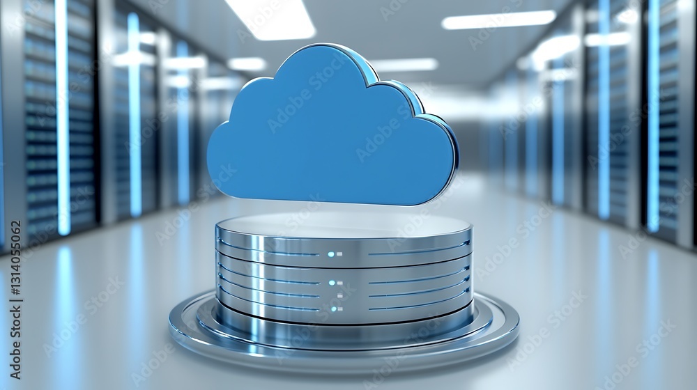 Poster modern cloud computing visualization with data storage and server room background