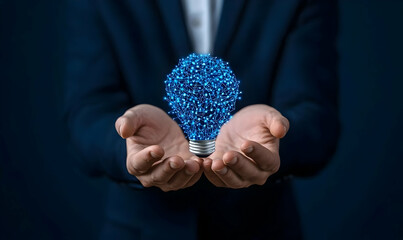Hands Holding Innovative Light Bulb with Blue Twinkling Lights