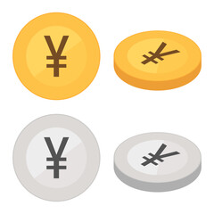 Set of flat and isometric Yuan coins. Gold and silver vector coin icons isolated on a white background