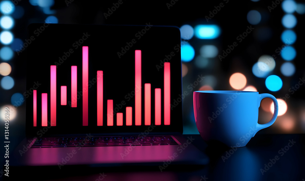 Poster laptop displaying colorful data visualization with coffee cup