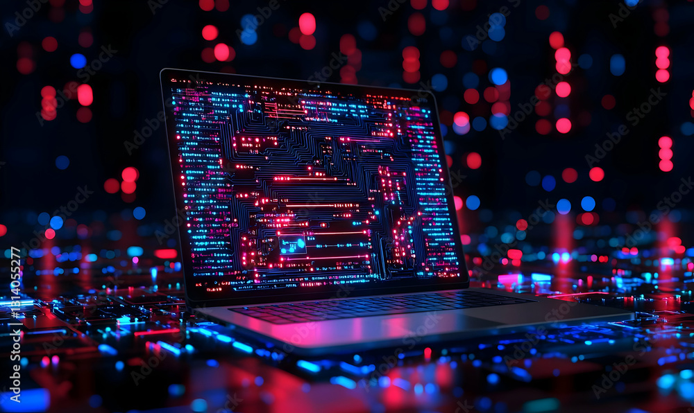 Poster futuristic laptop displaying data stream in neon lighting environment
