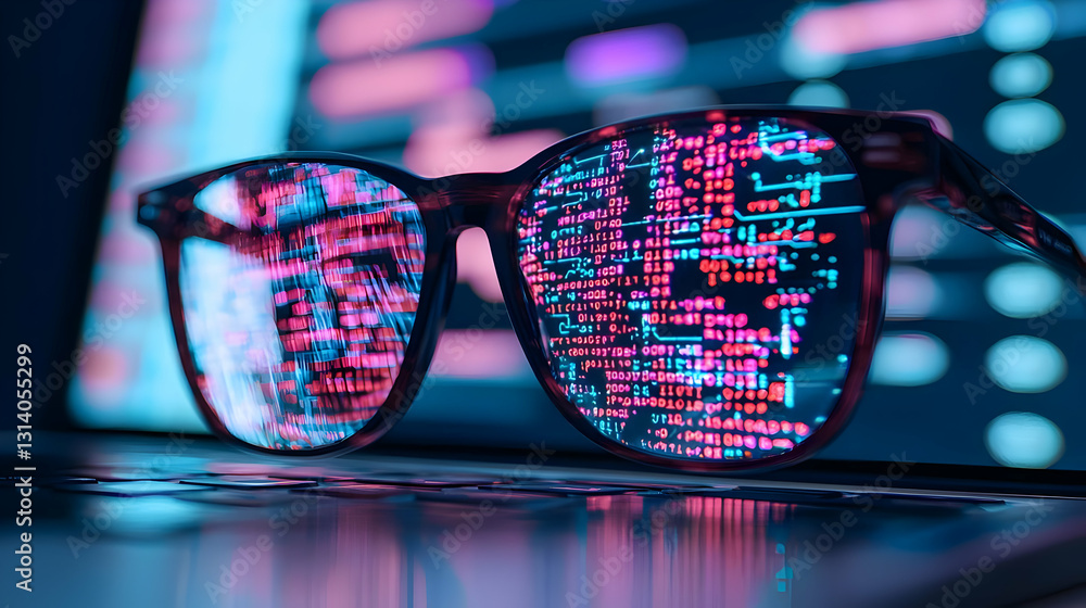 Poster Reflective Sunglasses with Computer Code Displaying on Screen