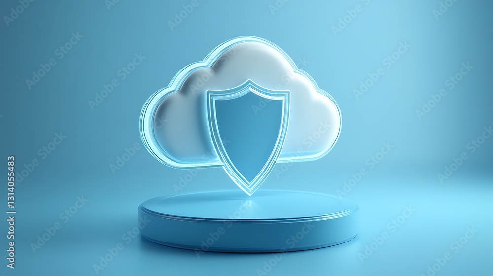 Poster modern cloud security icon with shield symbol on blue background in a digital rendering style