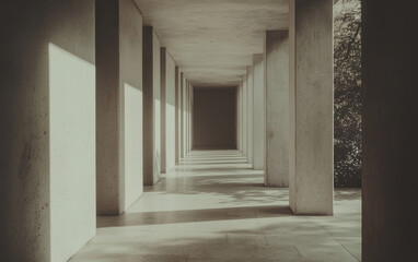 Sunlit Concrete Corridor with Evenly Spaced Columns