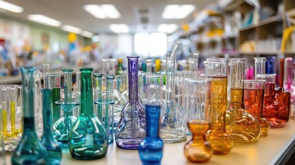 A vibrant array of glass vases in various shapes and sizes adorns the counter, showcasing a spectrum of colors including deep blue, emerald green, sunny yellow, and soft pink.