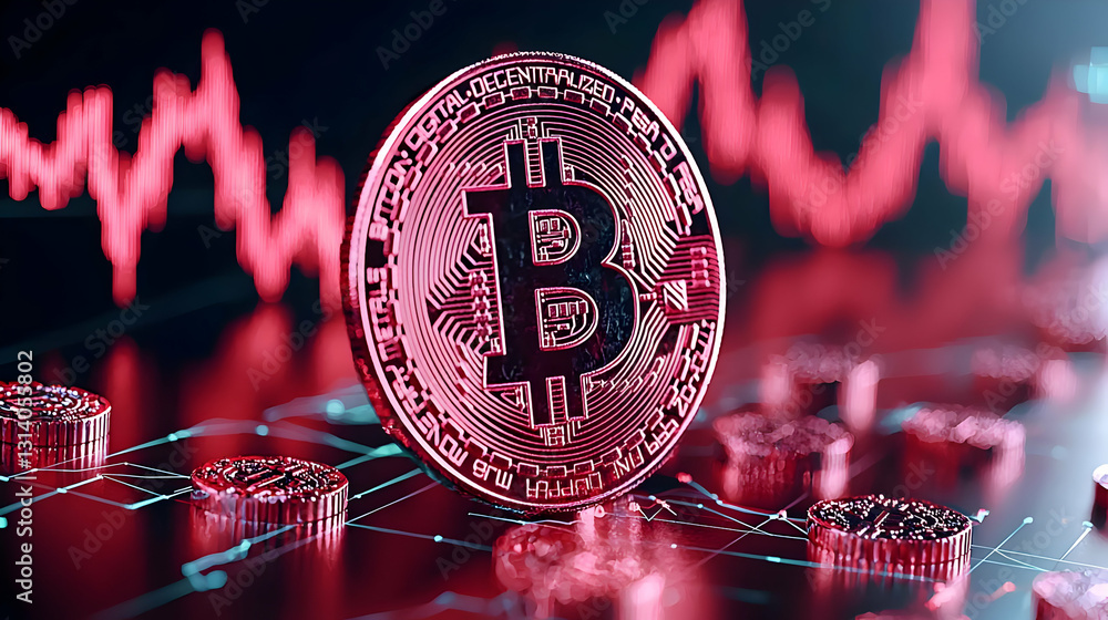 Poster red bitcoin cryptocurrency coin with graph and chips in background