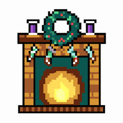 Obraz premium Cozy Pixel Art Fireplace with Christmas Decorations and Stockings
