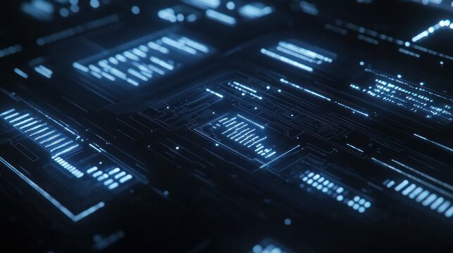 Illuminated electronic circuitry reveals complex pathways and technological infrastructure