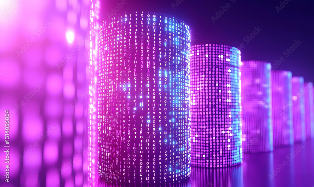 Poster digital data streams in neon colors with 3d cylinders display