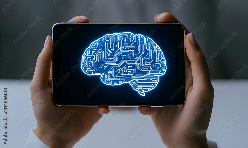 Poster hands holding smartphone displaying digital brain circuit concept