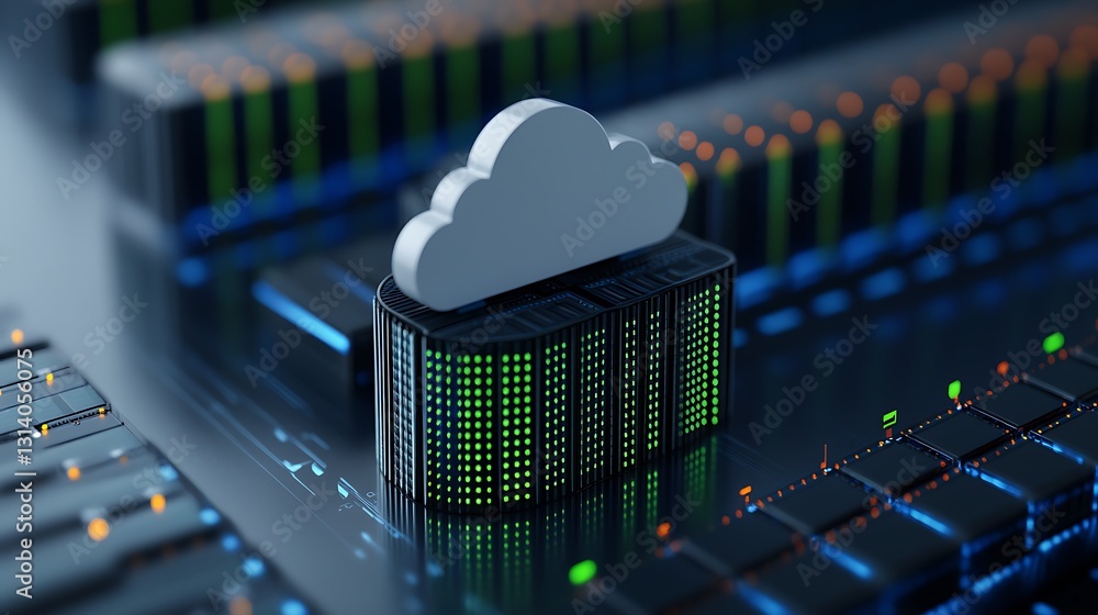 Poster modern cloud storage solution surrounded by data storage units and digital interfaces in advanced te