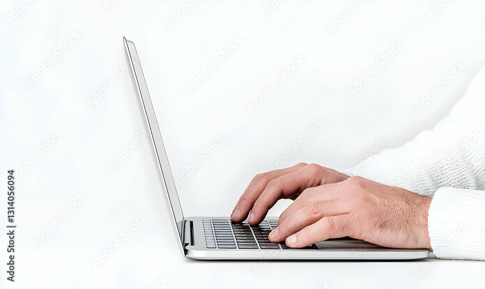 Poster hands typing on a laptop keyboard with white background
