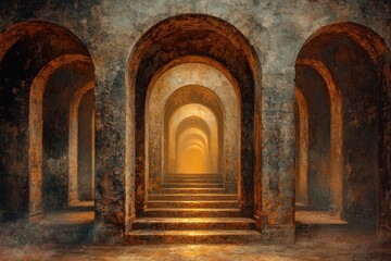 Obraz premium Arched corridor receding into light, creating a tunnel vision of stone and steps