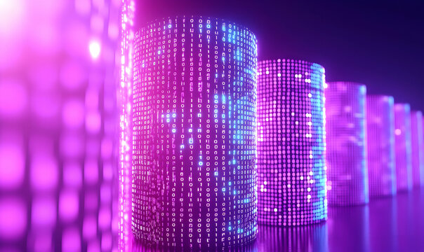Digital Data Streams in Neon Colors with 3D Cylinders Display