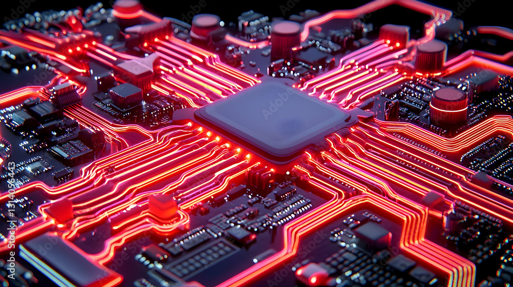 Poster abstract technology circuit board with glowing neon patterns