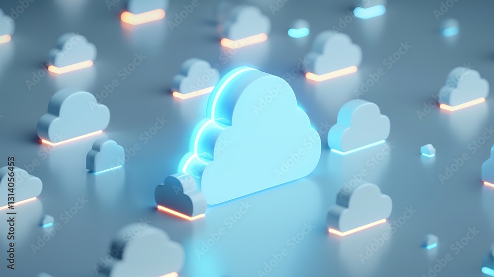 Aufkleber modern cloud technology concept with glowing elements amidst multiple cloud symbols in a digital env