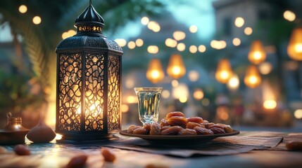 A decorative lantern with dates and water creates ambiance outdoors
