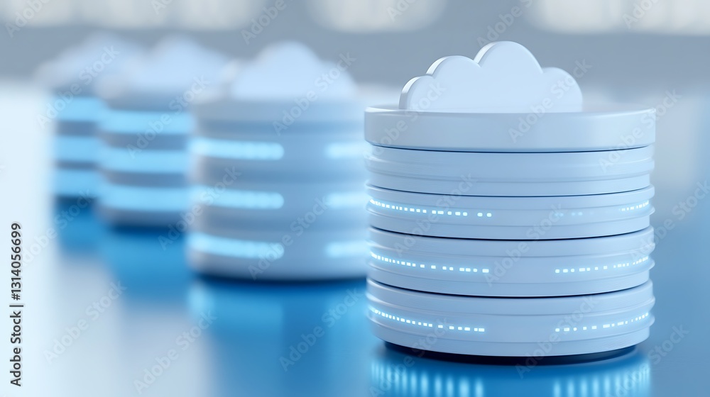 Poster modern cloud technology concept with stack of data storage devices and digital cloud symbol on blue 