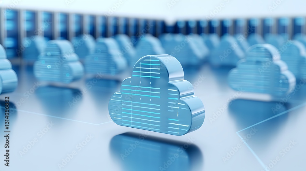 Poster modern concept of cloud computing with stylized cloud icons in a digital data center environment