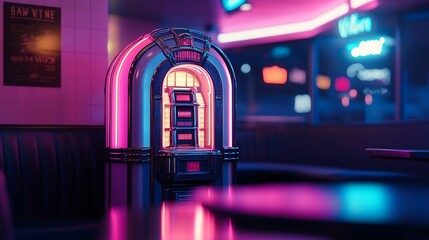 Obraz premium Retro jukebox in a vibrant neon-lit diner.