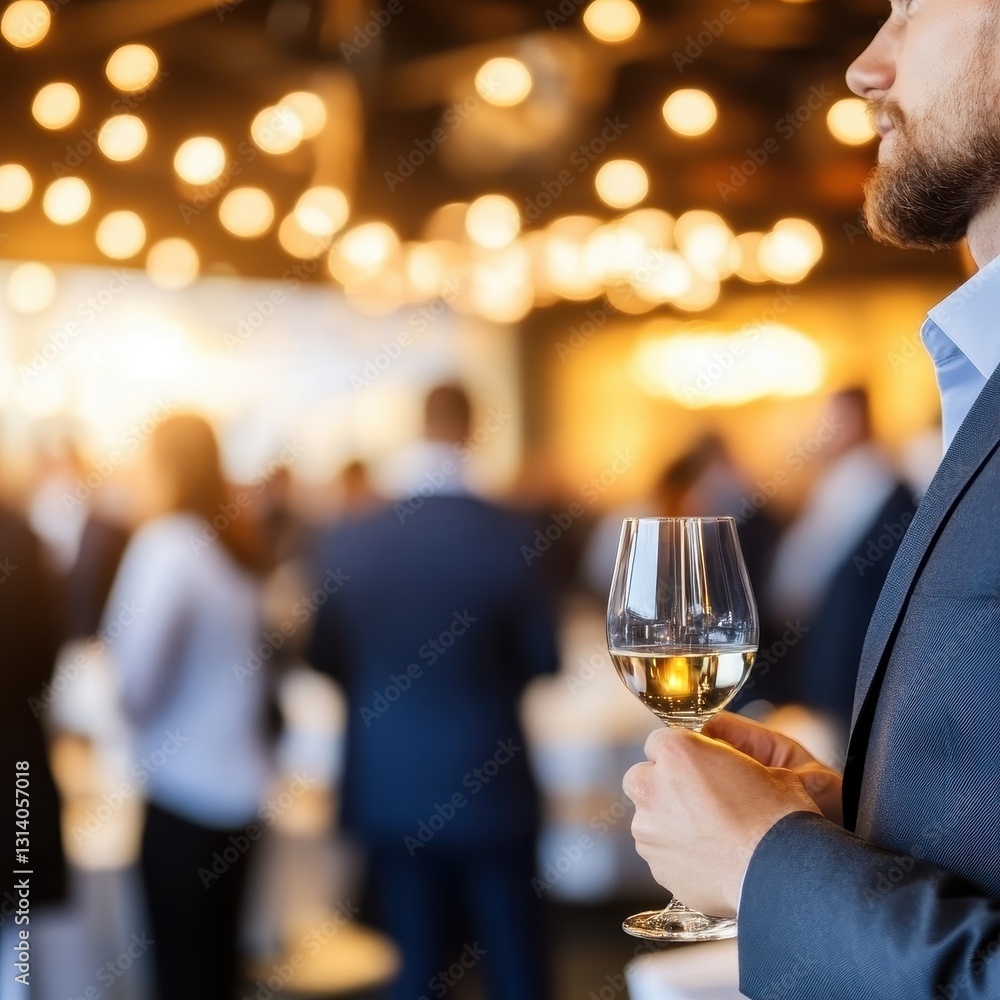 Poster man holding a glass of wine in hand while engaging in business networking event for professional rel