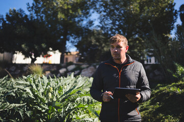 Farmer using tablet and pen, inspecting artichoke crop in ecological, sustainable agriculture, promoting responsible farming and environmental consciousness