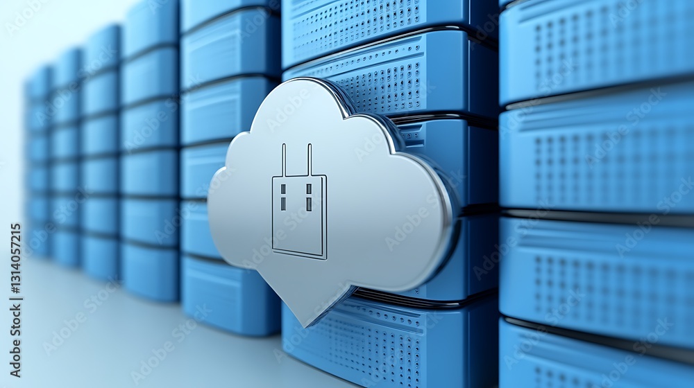 Poster modern data storage concept with cloud computing and server farms representing digital technology in