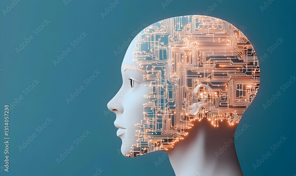 Poster futuristic face of technology with circuit patterns and digital elements