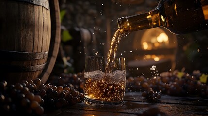 Wine pouring into glass, near wooden barrel and grapes.