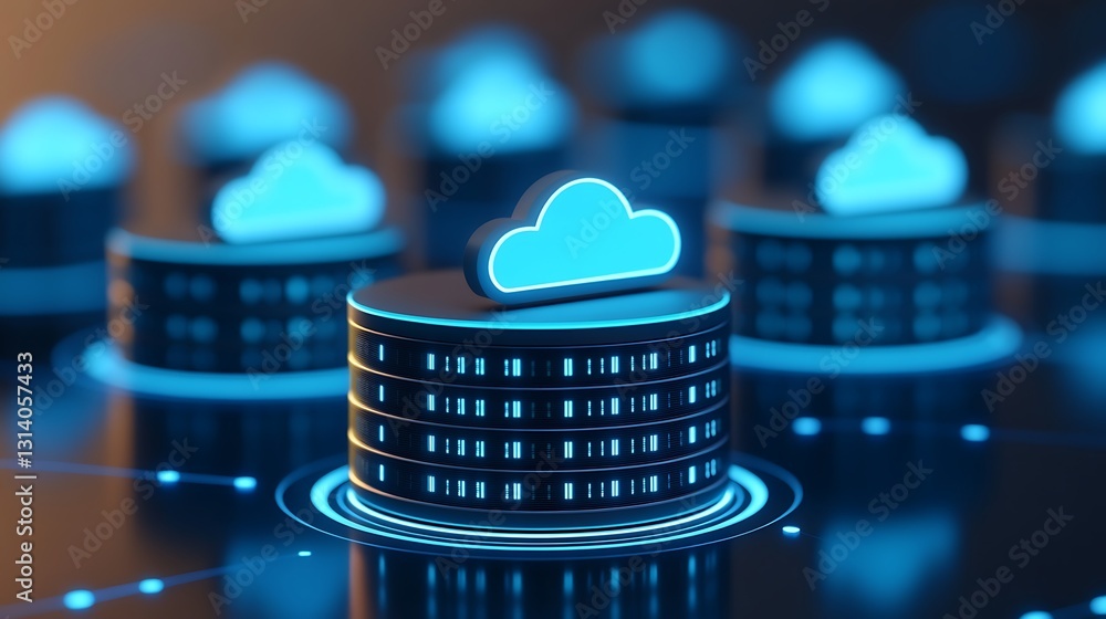 Poster modern data storage technology with blue clouds representing cloud computing and digital security co