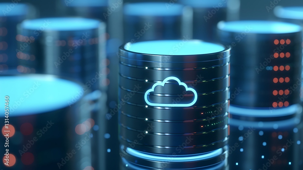 Poster modern data storage technology with cloud symbol on 3d server in digital environment