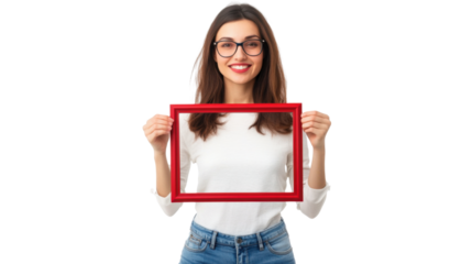 young woman holding blank billboard isolated on white background