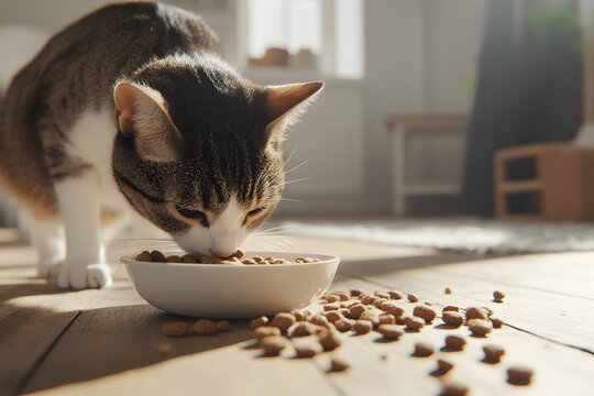Domestic cat eating from bowl in cozy home