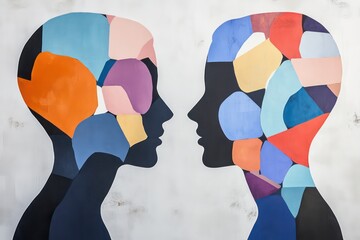 A modern design with two profiles outlined in paper, each filled with colorful, geometric shapes, showcasing the complexity of different thought processes.