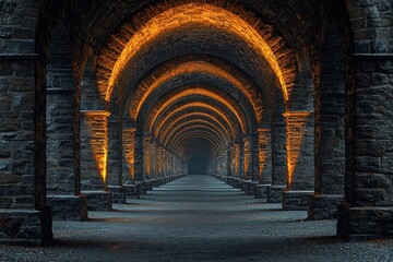 Obraz premium Stone arches lit with warm light create tunnel effect. Location is a viaduct