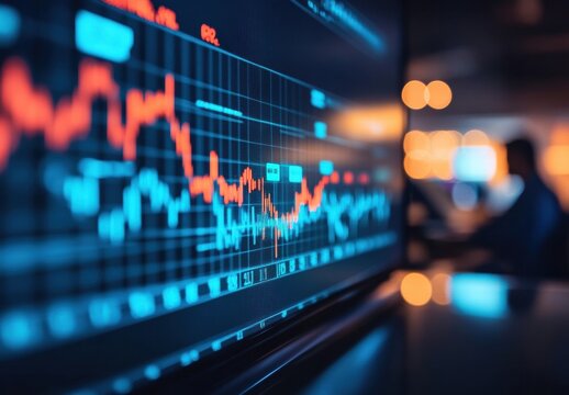A computer monitor displays a graph of stock prices
